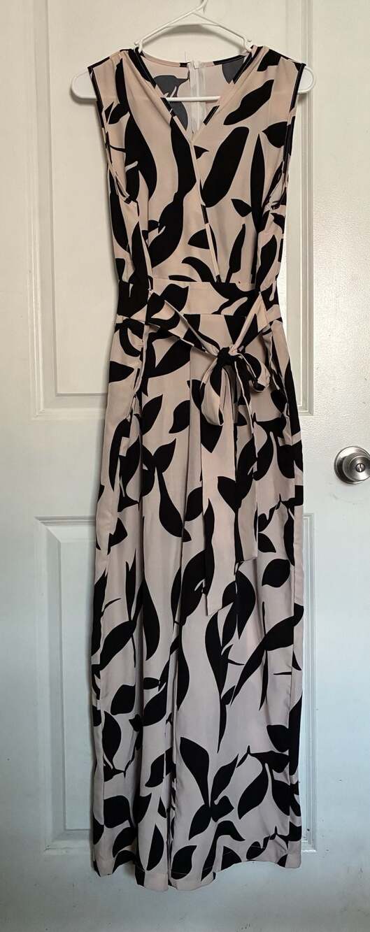 Beige 1930s Surplice black Leaves Silhouette Jumpsuit. Size medium